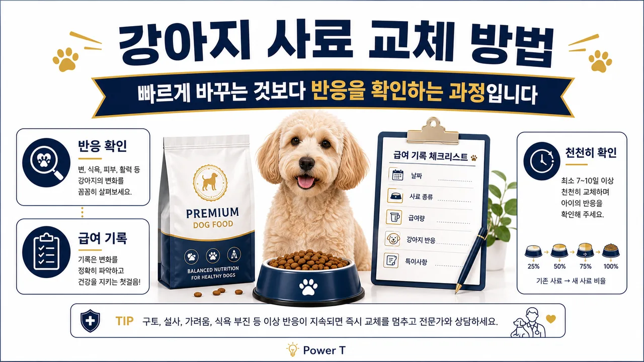 강아지 사료 교체를 위해 급여량과 식사 기록을 확인하는 공간