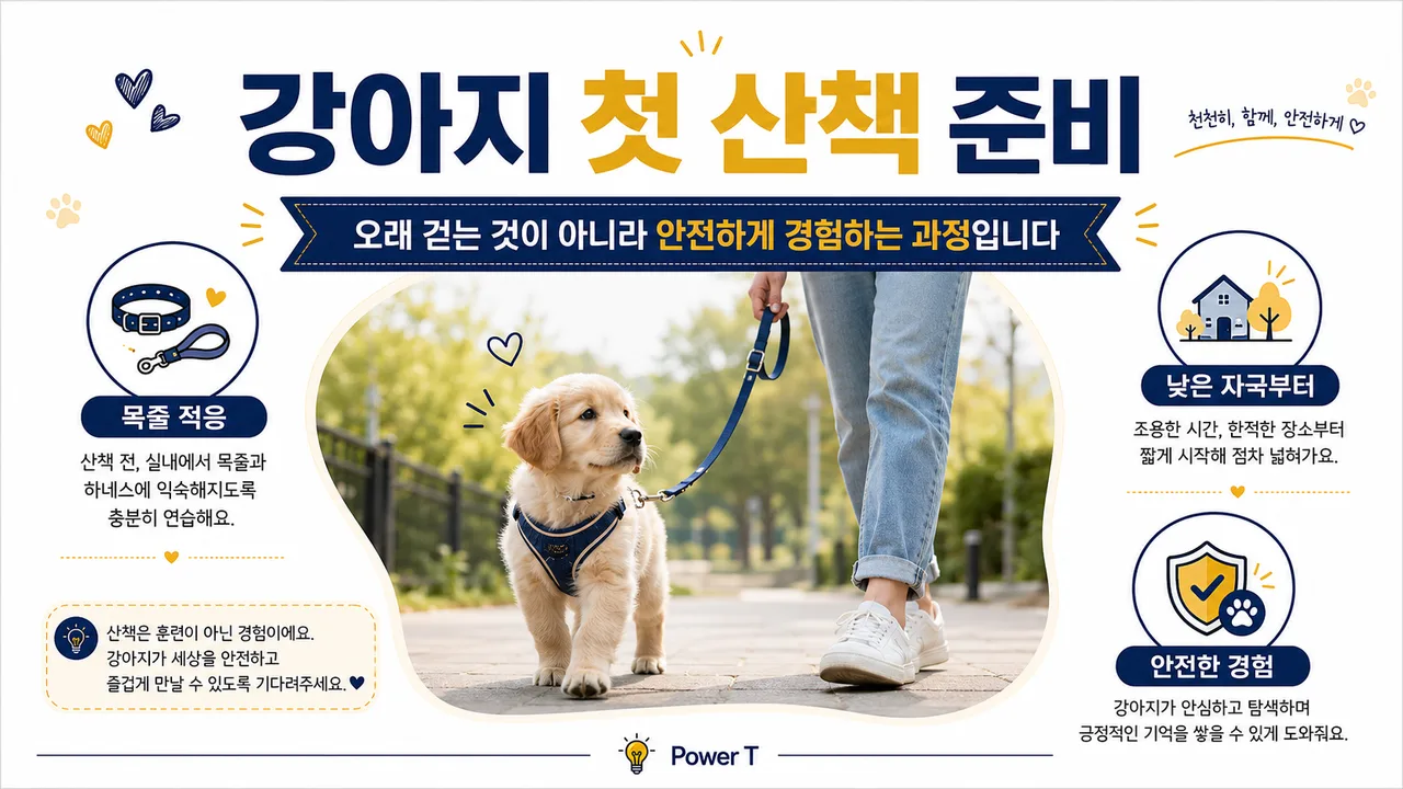 강아지 첫 산책을 위해 목줄을 착용하고 외출을 준비하는 모습