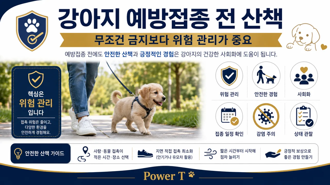 예방접종 전 강아지가 보호자 품에서 외부 환경을 관찰하는 모습