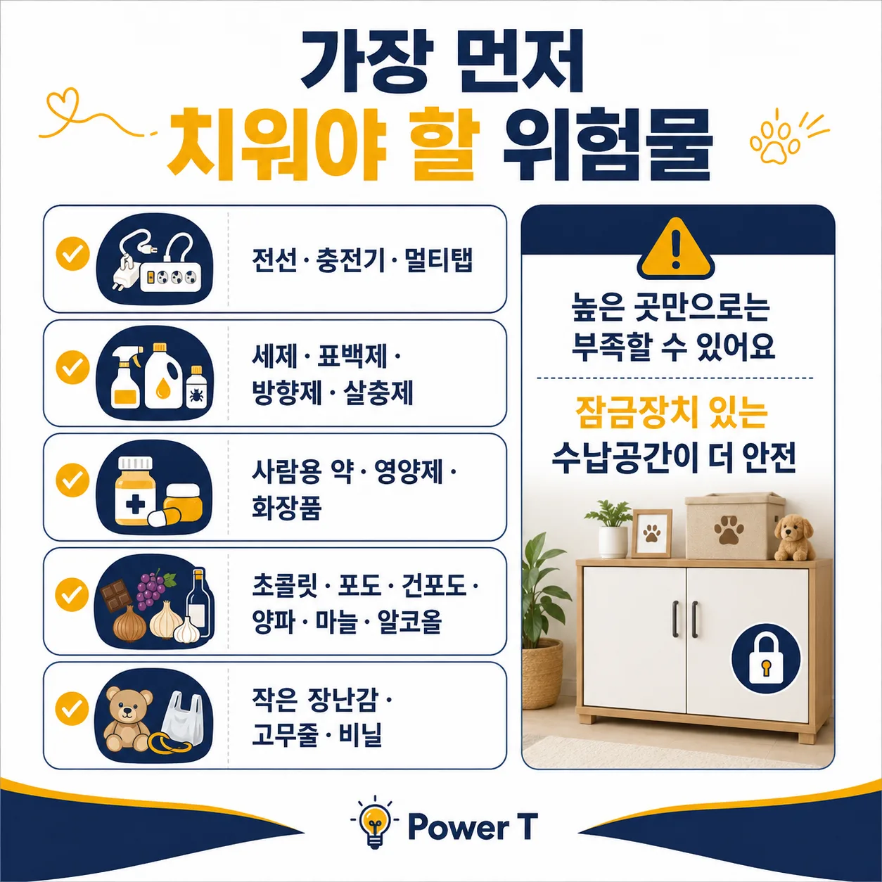 강아지 입양 전 주방 세제와 위험물을 안전하게 보관하는 모습