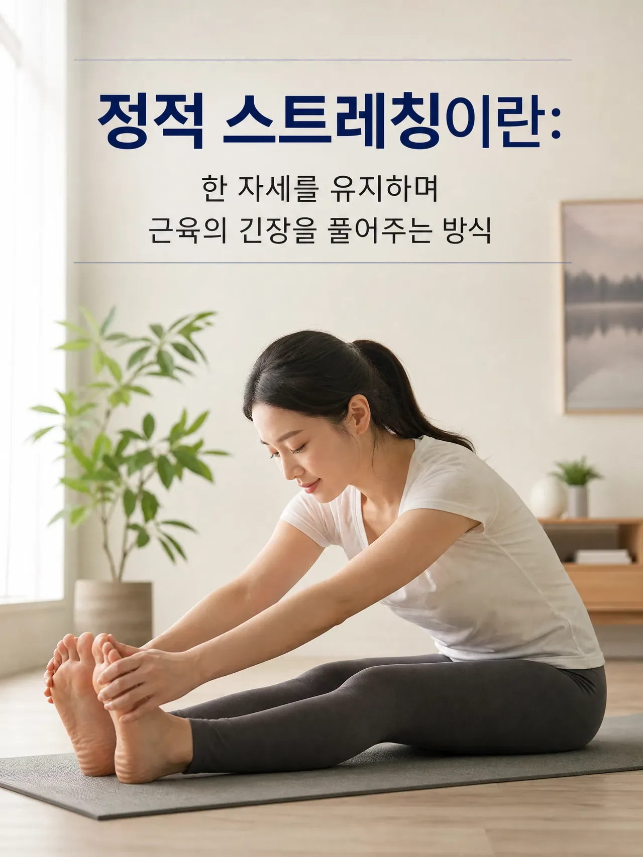 "운동 후 정적 스트레칭으로 근육을 이완하는 모습"